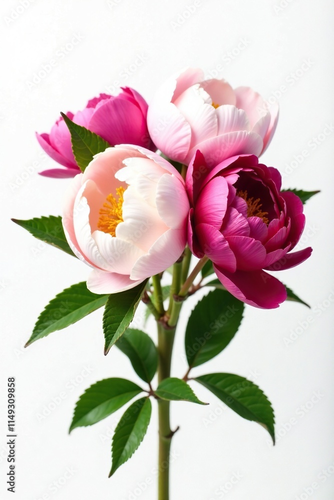 Fresh cut peony bouquet against stark white background, leaves, flowers, bouquet