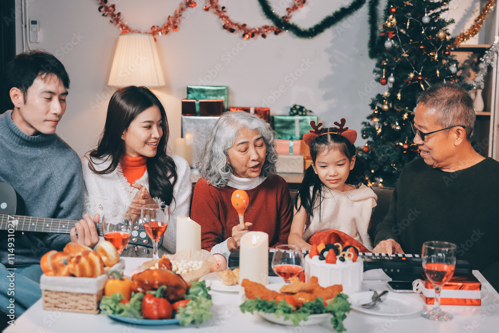 Multi-Generation Family Celebrate Christmas At Home Wearing Santa Hats And Antlers Opening Presents Multi-Generation Family Celebrate Christmas At Home Wearing Santa Hats And Antlers Opening Presents