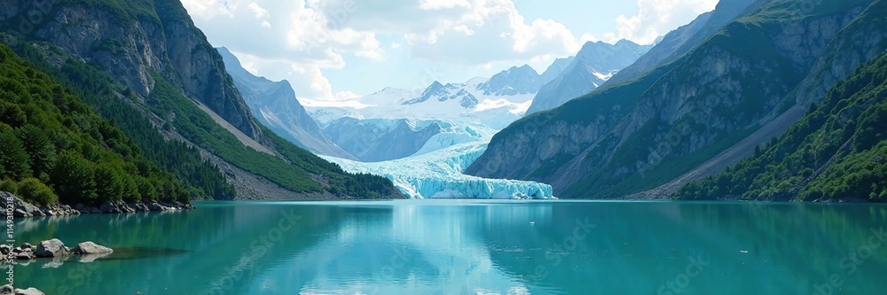 Glacier calving into the turquoise lake in the Italian Alps, lake, peaceful, serene landscape Glacier calving into the turquoise lake in the Italian Alps, lake, peaceful, serene landscape