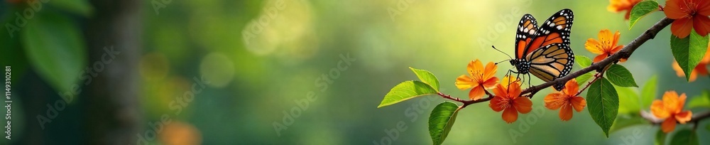 Fototapeta premium Branch with Monarch Butterflies and Blooming Flowers, nature, tree, forest