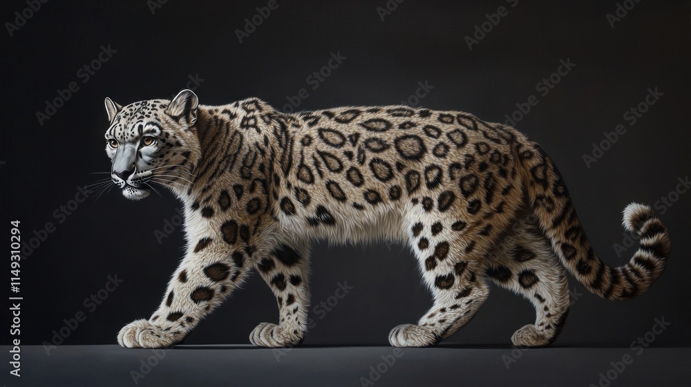 Obraz premium Majestic Leopard Walking with Elegant Grace on Dark Background Exhibiting Distinctive Spots and Striking Features