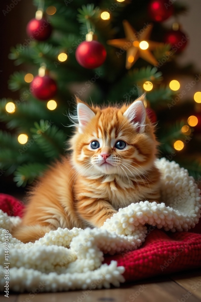Golden Christmas tree adorned with garlands and swags surrounding a adorable Persian kitten's snuggle blanket, cozy throw, festive decor Golden Christmas tree adorned with garlands and swags surrounding a adorable Persian kitten's snuggle blanket, cozy throw, festive decor