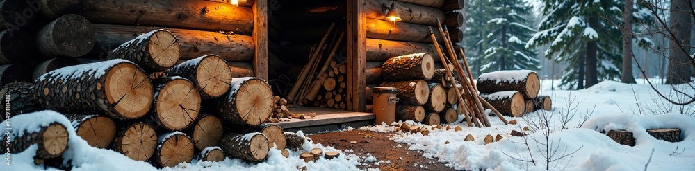 Chopped firewood and branches scattered around a cabin entrance, cabin preparation, logging tools, winter supplies