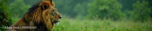 Lion's mane wet and bedraggled from the rain as it surveys its surroundings, grass, rain, wet photo