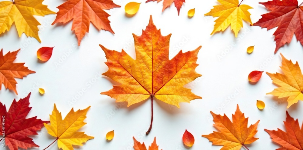 Leaves scattered around a central leaf on white, composition, leaves, autumn Leaves scattered around a central leaf on white, composition, leaves, autumn