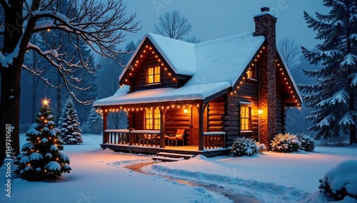 Wallpaper Mural Cozy cottage with snowy roof and warm Christmas lights, rustic charm, warm ambiance Torontodigital.ca