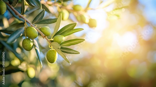 Spain. Olives on olive tree branch. Closeup of green olives fruits in sunny day