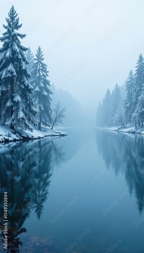 Misty lake surface with snow-covered trees surrounding it, water, foggy, forest Misty lake surface with snow-covered trees surrounding it, water, foggy, forest
