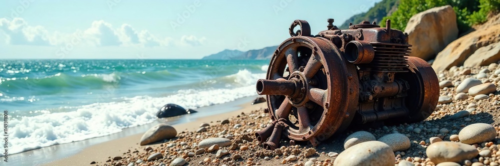 Old engine lying on its side on a rocky beach, rusted, rocks, broken Old engine lying on its side on a rocky beach, rusted, rocks, broken