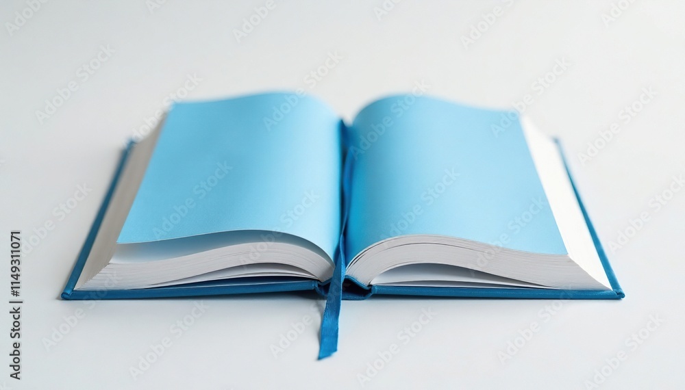 Open blue book with a bookmark inserted between pages on a white background, book, education, bookmark Open blue book with a bookmark inserted between pages on a white background, book, education, bookmark