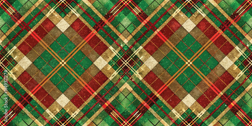 A vibrant plaid pattern featuring rich greens, reds, and golds, perfect for festive designs and holiday themes.