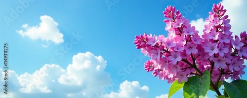 Pink lilac flowers against a blue sky with white clouds, sky, flowers photo