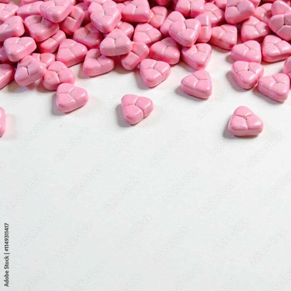 Pink heart-shaped beads scattered on a soft white background, pink heart-shaped beads, woven embellishments, decorative item Pink heart-shaped beads scattered on a soft white background, pink heart-shaped beads, woven embellishments, decorative item