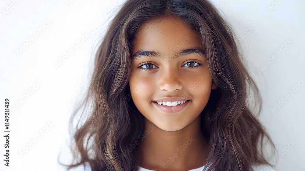 Cheerful Young Girl with Long Hair Smiling Against a Light Background Cheerful Young Girl with Long Hair Smiling Against a Light Background