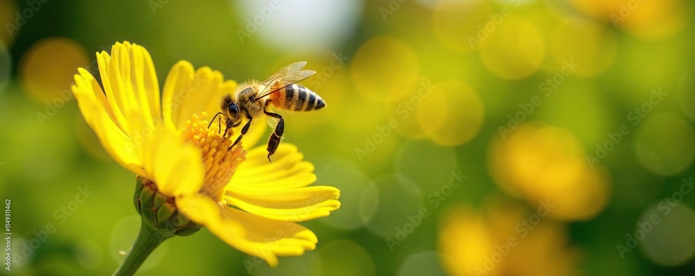 Pollen covered bees flying towards a bright yellow lime blossom, sunny day, nature, garden Pollen covered bees flying towards a bright yellow lime blossom, sunny day, nature, garden