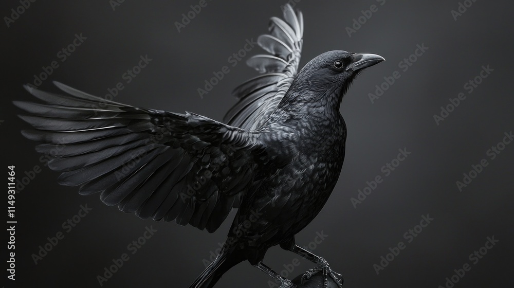 Fototapeta premium Majestic Black Bird in Flight with Detailed Feather Texture Against a Dark Background