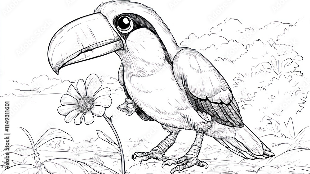 Obraz premium Curious Toucan with Flower: Children's Coloring Book Page