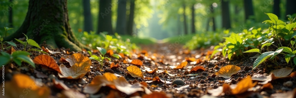 Forest floor covered in a mix of leaves and twigs, trees, ground