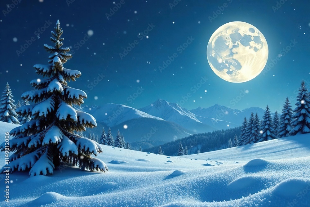 Fototapeta premium Snowflakes gently falling on the serene winter landscape under a full moon shining bright in the frosty sky, frosted pine tree, glistening snow