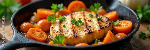 Grilled cupim with roasted carrots and onions in a cast-iron pan, comida, photo