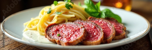 Thinly sliced beef cutlet on a plate with pasta and sour cream sauce, beef escalope, Austrian cuisine photo