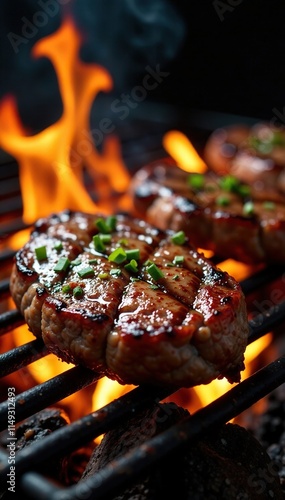 Steak on grill with crackling flames and sizzling meat, flavors, sizzling meat, steak