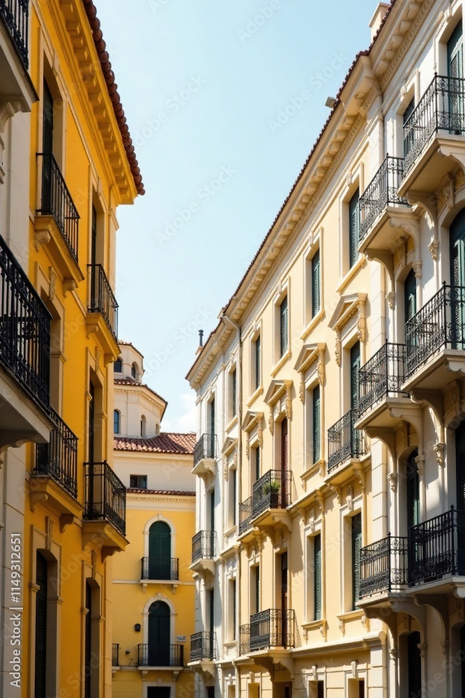 Tall white and yellow buildings with intricate stone carvings and ornate balconies, ornate, yellow, tall buildings Tall white and yellow buildings with intricate stone carvings and ornate balconies, ornate, yellow, tall buildings
