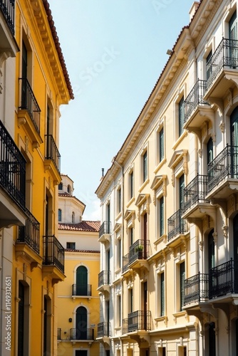 Tall white and yellow buildings with intricate stone carvings and ornate balconies, ornate, yellow, tall buildings