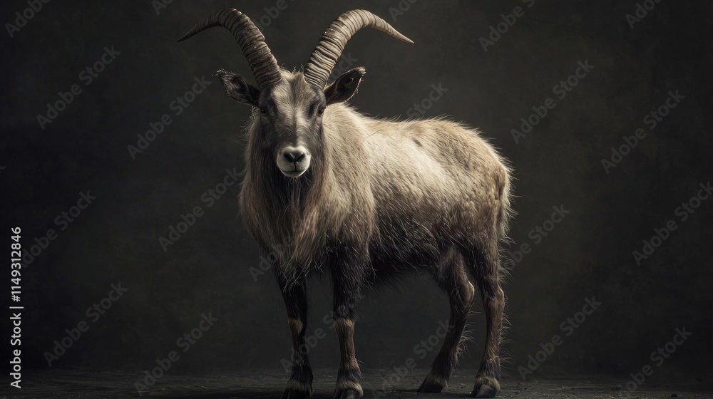 Majestic Full Body Portrait of a Stunning Goat with Strong Horns in Dramatic Lighting Majestic Full Body Portrait of a Stunning Goat with Strong Horns in Dramatic Lighting