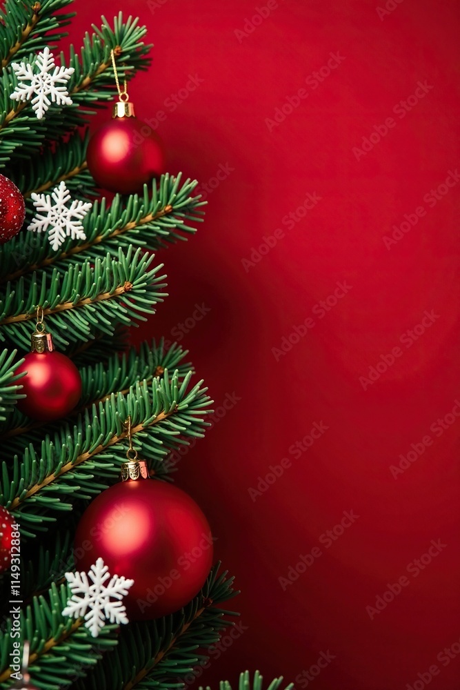Pine branch with ornaments and snowflakes on a deep red background, white, Christmas tree, Festive Christmas Pine branch with ornaments and snowflakes on a deep red background, white, Christmas tree, Festive Christmas