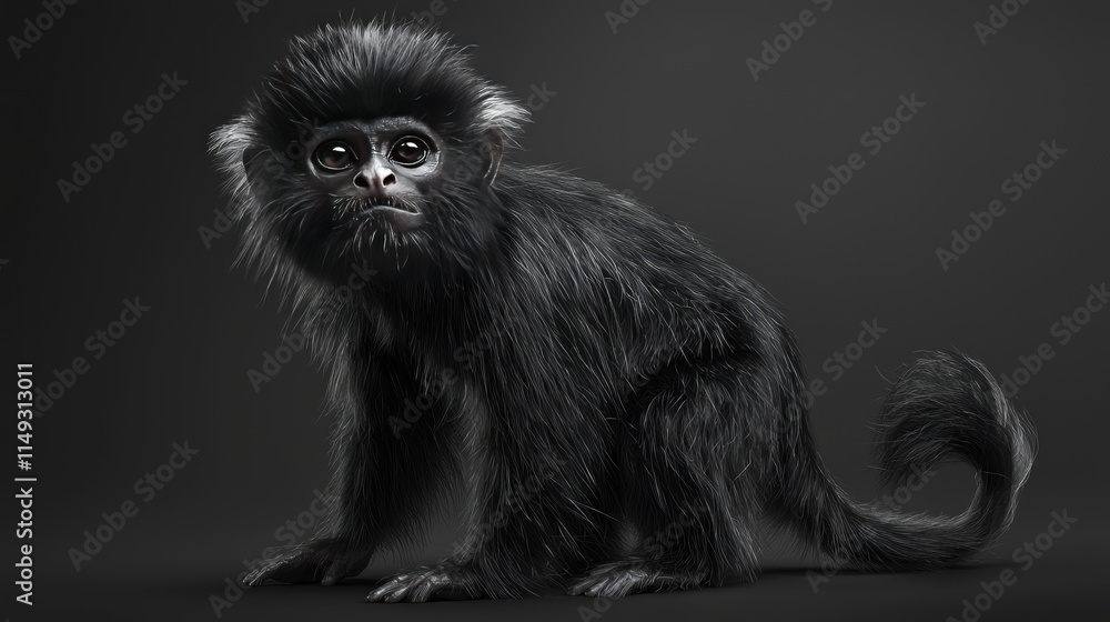 Fototapeta premium Detailed Portrait of a Full-Body Monkey with Distinctive Black Fur and Expressive Face on a Dark Background