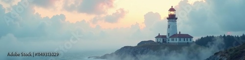 Whispy clouds gently settle on the lighthouse's facade, casting a serene atmosphere, cloudy sky, soft light, misty morning