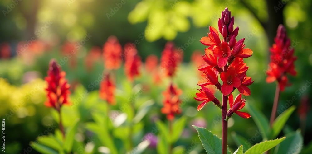 Red Lychnis flowers in a garden with greenery and sunlight, gardens, garden scene Red Lychnis flowers in a garden with greenery and sunlight, gardens, garden scene