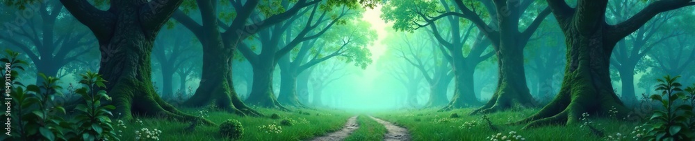Whimsical forest scene with towering trees and a soft, blue-green mist, forest scene, tree-lined path Whimsical forest scene with towering trees and a soft, blue-green mist, forest scene, tree-lined path