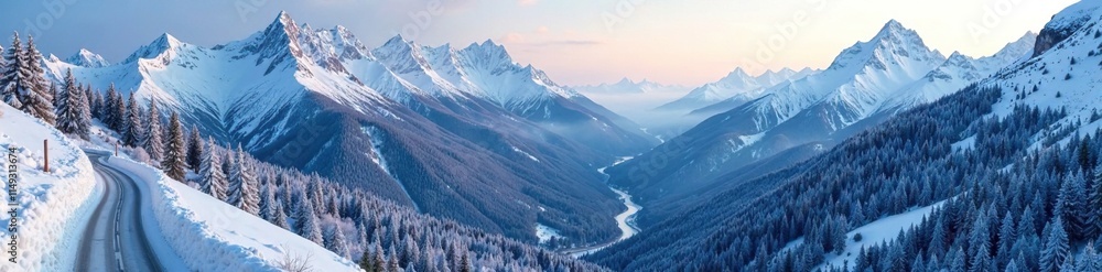 Snowy mountain range with winding road through dense forest, winding road, winter landscape Snowy mountain range with winding road through dense forest, winding road, winter landscape