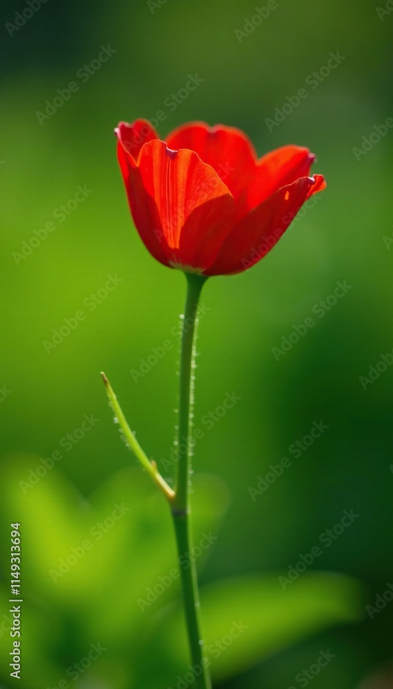 A single red flower blooms on a slender green stem in full sun, full sun, outdoor, nature A single red flower blooms on a slender green stem in full sun, full sun, outdoor, nature