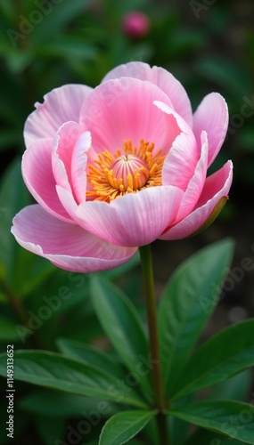 A single peony flower in full bloom with soft pink petals and delicate golden center, spring blooms, flowers in garden
