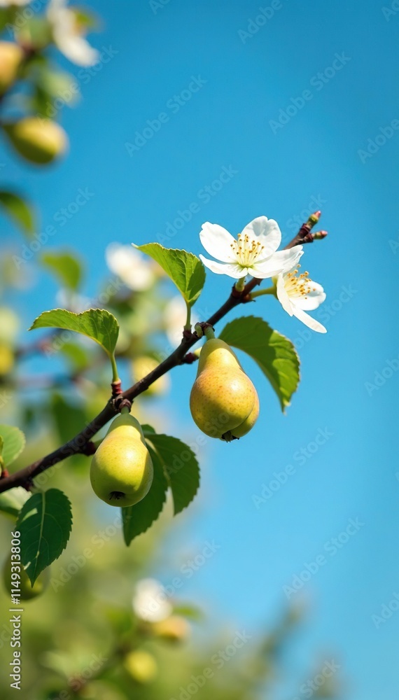 Soft focus blooming pear branch against vibrant blue sky, botanical, orchard, countryside Soft focus blooming pear branch against vibrant blue sky, botanical, orchard, countryside