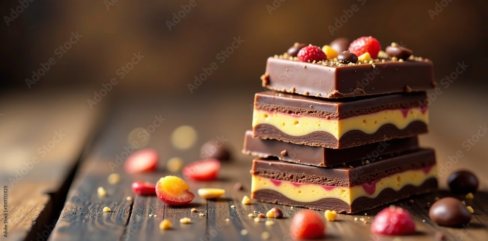 A stack of colorful, swirly, and layered chocolates on a wooden table, dessert, sweet, rich A stack of colorful, swirly, and layered chocolates on a wooden table, dessert, sweet, rich
