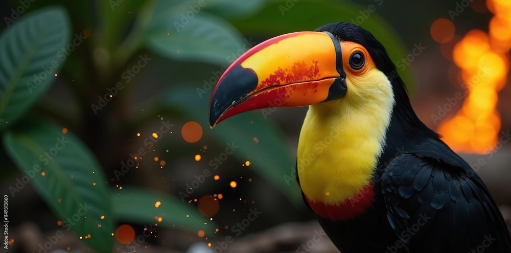Naklejka premium A toucan looks directly at the camera with a fiery blaze in the background, sparks, flames