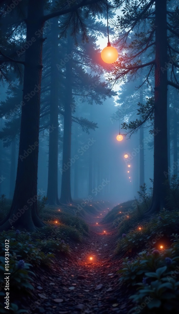 Fototapeta premium Softly glowing orbs illuminating misty forest at dawn, glowing orbs, mystical