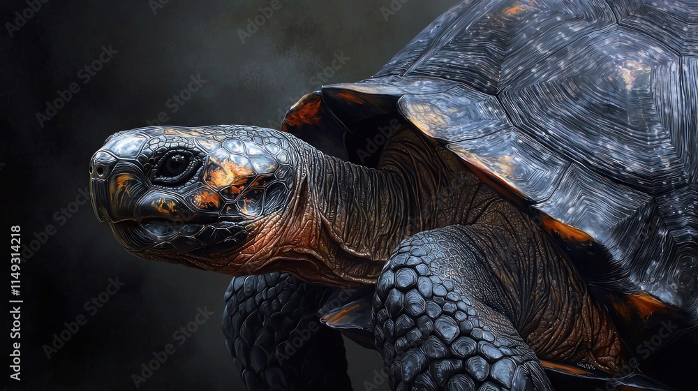 Detailed View of a Turtle Shell Texture and Head Features, Captured in a Dark Outdoor Environment Detailed View of a Turtle Shell Texture and Head Features, Captured in a Dark Outdoor Environment