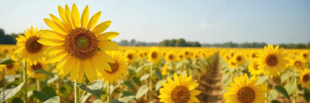 Naklejka premium Sunflower plants with fully ripe yellow flowers in a dry and dry field, autumn landscape, mature crop, golden wheat
