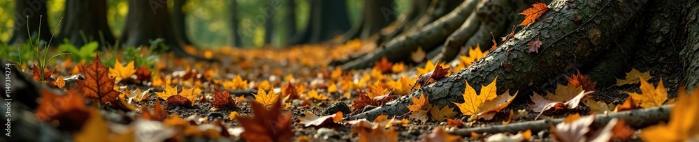 Brown and yellow leaves scattered on the forest floor amidst tree roots, yellow leaves, tree roots Brown and yellow leaves scattered on the forest floor amidst tree roots, yellow leaves, tree roots