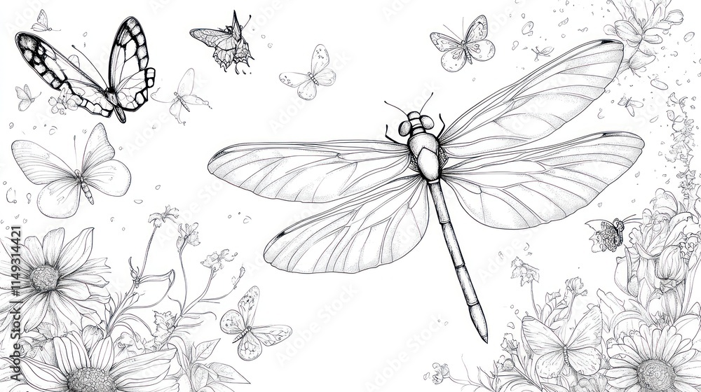 Fototapeta premium Curious Cartoon Dragonfly Chasing Butterflies - Children's Coloring Book Page