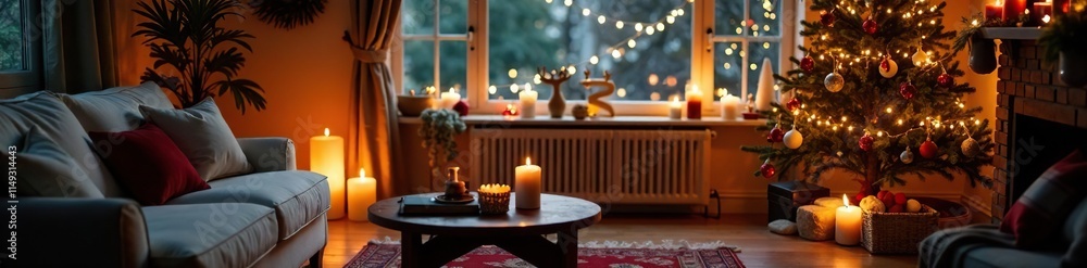 Cozy living room with Christmas decorations and warm candlelight, soft glow, warm ambiance Cozy living room with Christmas decorations and warm candlelight, soft glow, warm ambiance