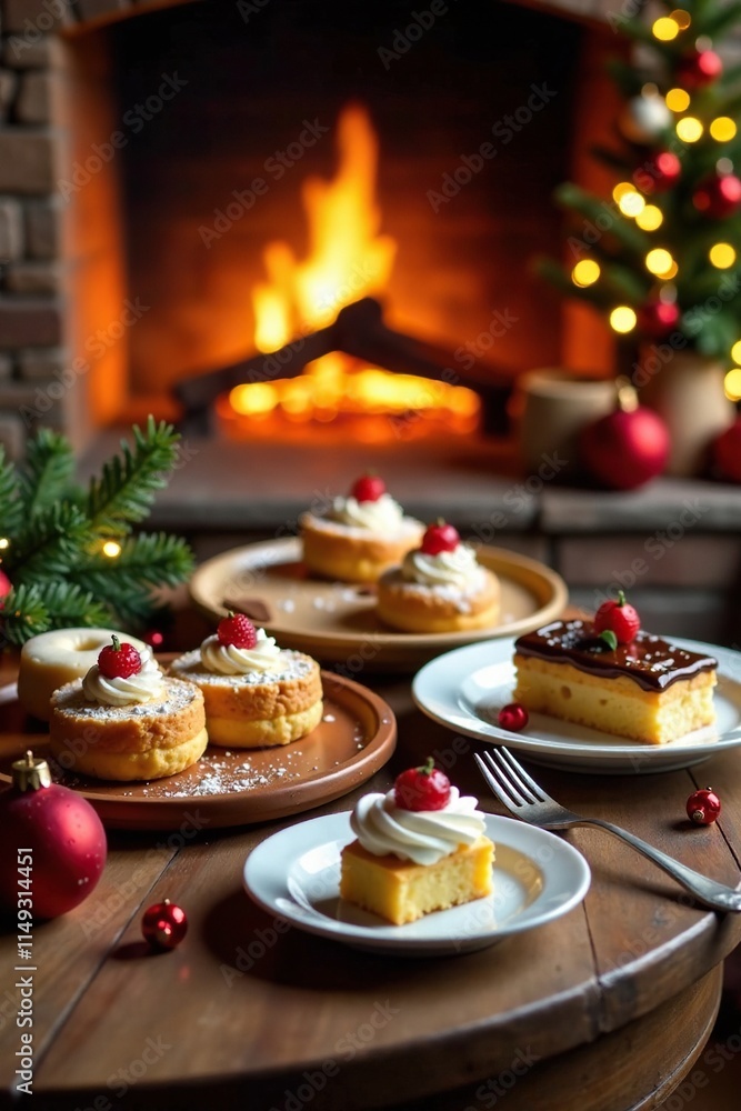Naklejka premium Cozy holiday dessert table amidst a warm fireplace glow, desserts, spread