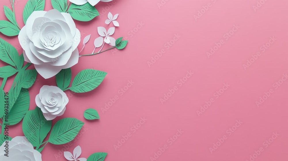 Pink background with white paper roses and green leaves. Pink background with white paper roses and green leaves.