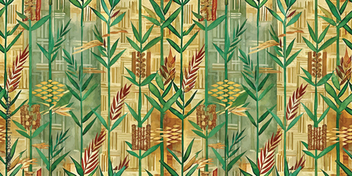 Vibrant patterned textile with lush green and earthy tones, showcasing nature-inspired motifs.