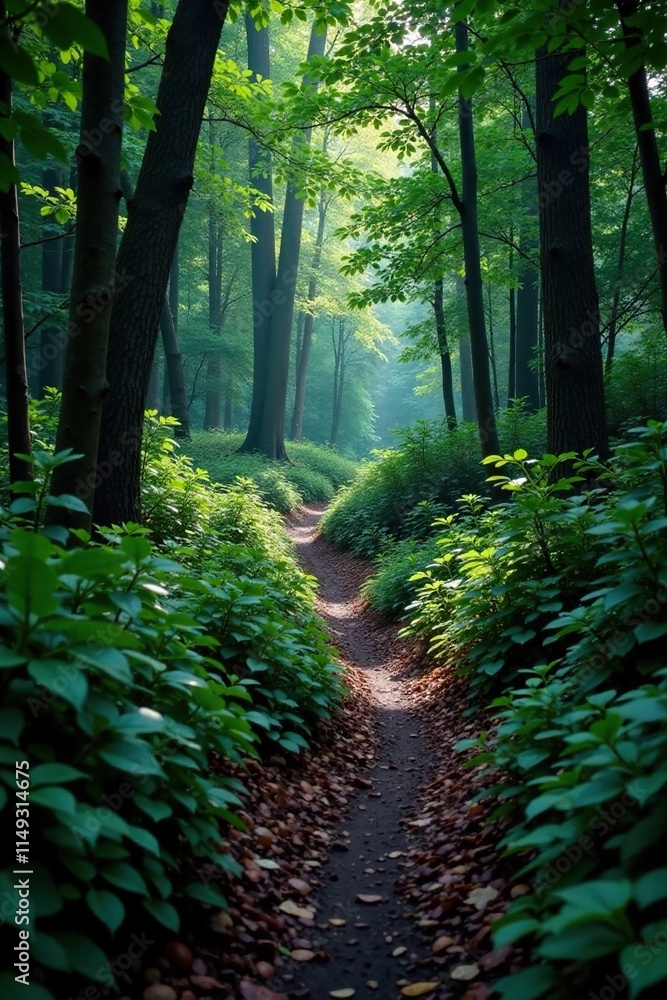 Obraz premium Dark forest path winding through a thicket of bushes, undergrowth, woodland trail